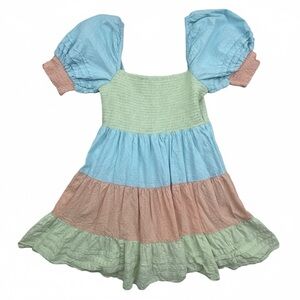 Roller Rabbit Colorblock Puff Sleeve Smocked Mini Dress Pastel Boho L